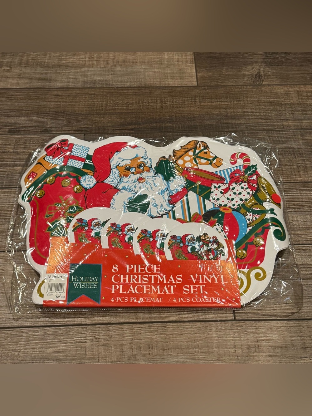 Set of 4 Vintage Christmas Vinyl Placemat & Coaster Set Santa Claus New 13"x18"